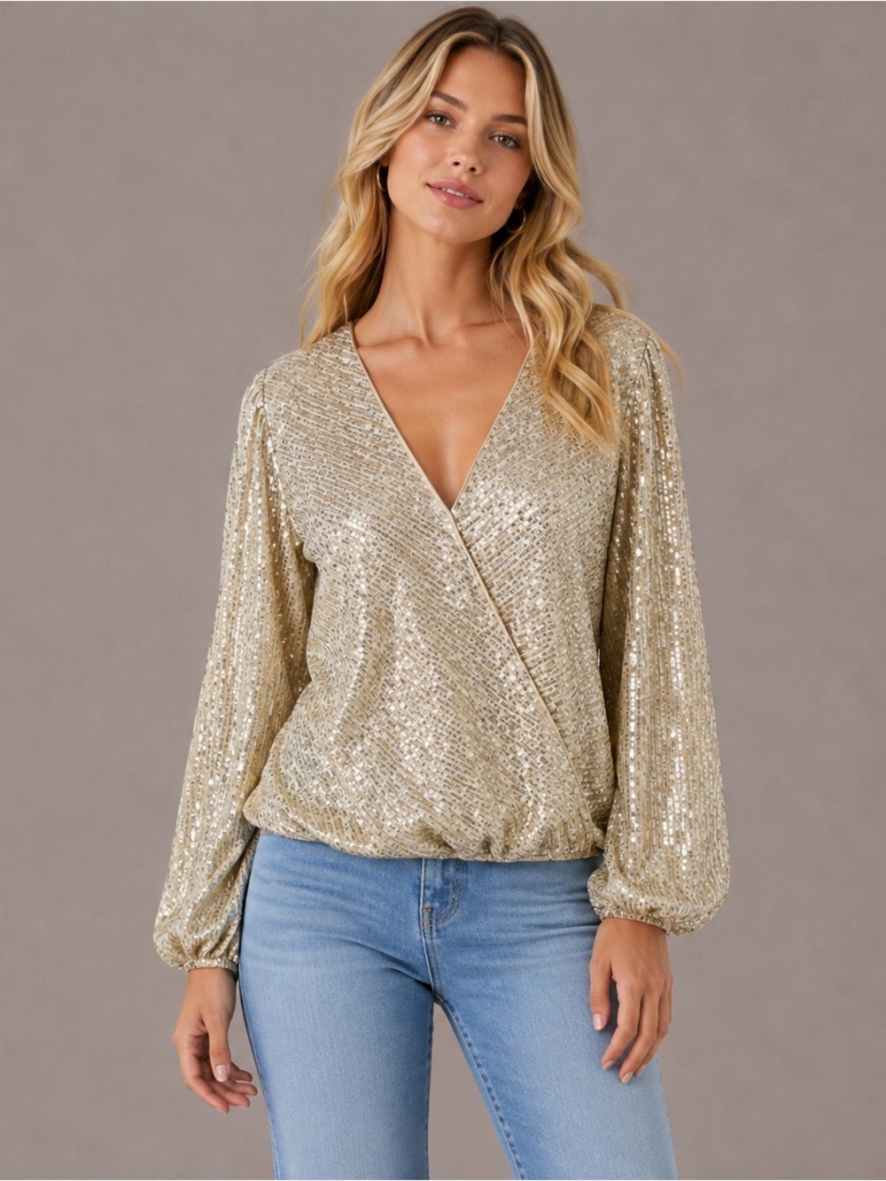Boston Proper Gold Sequin Sequin Surplice Blouse Evening Party Beaded Top Size M